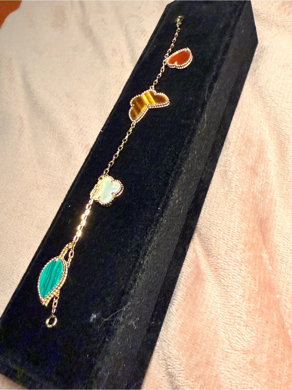 Gold Chain Multi-Stone Clover Bracelet - Green, White, Brown, Orange